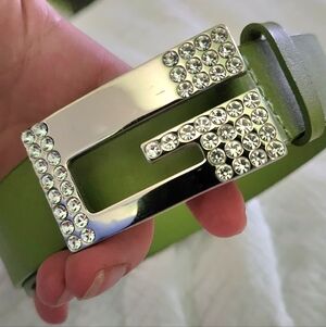 Guess? Jeans Crystal G Belt Lime Green Leather Ladies Large Y2K McBling Vintage